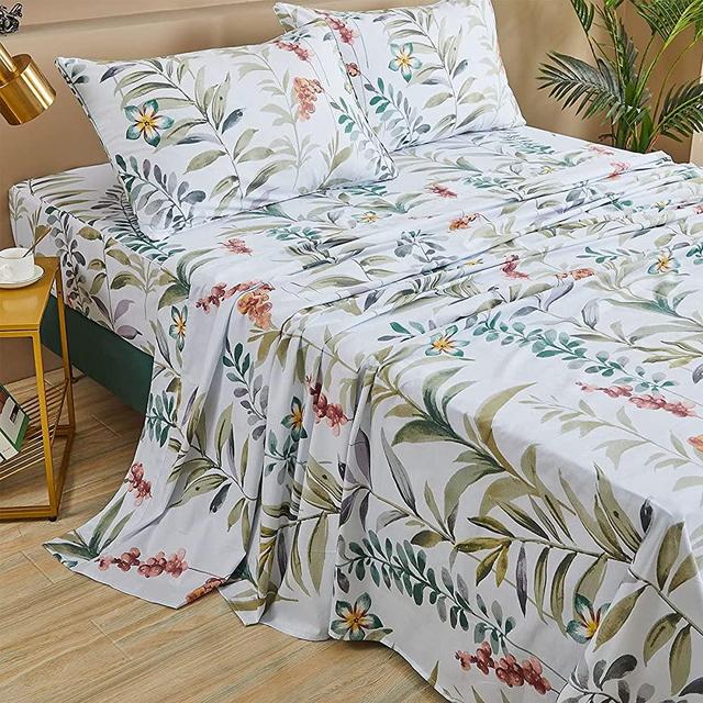 FADFAY Floral Leaves Sheet Set Queen, Premium 100% Cotton 600 TC Green Leaf & Teal Flower Watercolor Farmhouse Bedding, Super Soft Breathable Deep Pocket Bed Sheets Set, 4-Piece Queen