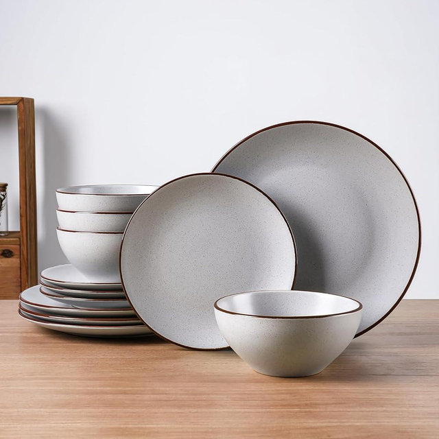 Famiware Venus Plates and Bowls Sets, 12 Pieces Stoneware Dinnerware Sets, Dishes Set for 4, Microwave and Dishwasher Safe, Light Grey