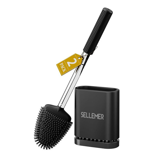 Sellemer Toilet Brush and Holder Set - Flexible Toilet Bowl Brush Head with Silicone Bristles, Compact Size for Storage and Organization, Ventilation Slots Base (2 Pack, Black)