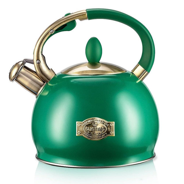 SUSTEAS Stove Top Whistling Tea Kettle-Surgical Stainless Steel Teakettle Teapot with Cool Touch Ergonomic Handle,1 Free Silicone Pinch Mitt Included,2.64 Quart (Green)