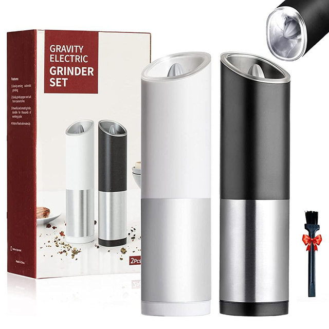 PwZzk Battery Operated Electric Pepper And Salt Grinder Mill Set With White Light Gravity Automatic Salt Grinders Refillable With Adjustable (1 x Silver Black,1 x Silver white)
