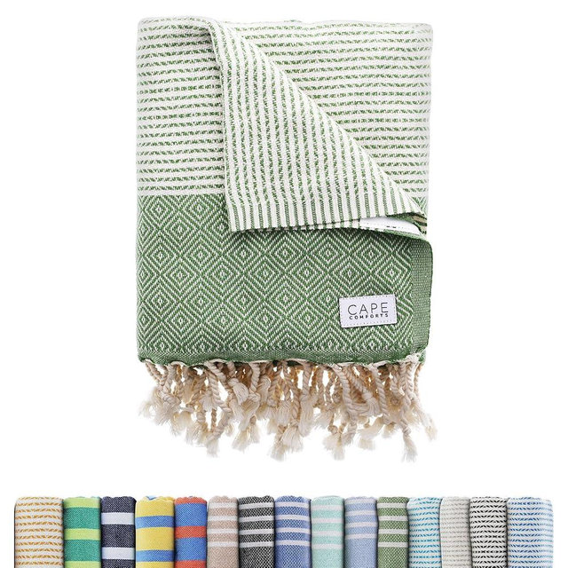 Cape Comforts Oversized Turkish Beach Towel, Diamond Dobby Sage - 37'' x 67'' - Super Soft & Lightweight | Quick Dry Sand Free Travel Towels for Beach or Bath | Gifts