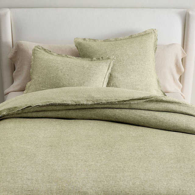 Belgian Flax Linen Double Flange Duvet, Aloe, Full/Queen