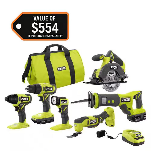 RYOBI ONE+ 18V Cordless 6-Tool Combo Kit with 1.5 Ah Battery, 4.0 Ah Battery, and Charger PCL1600K2