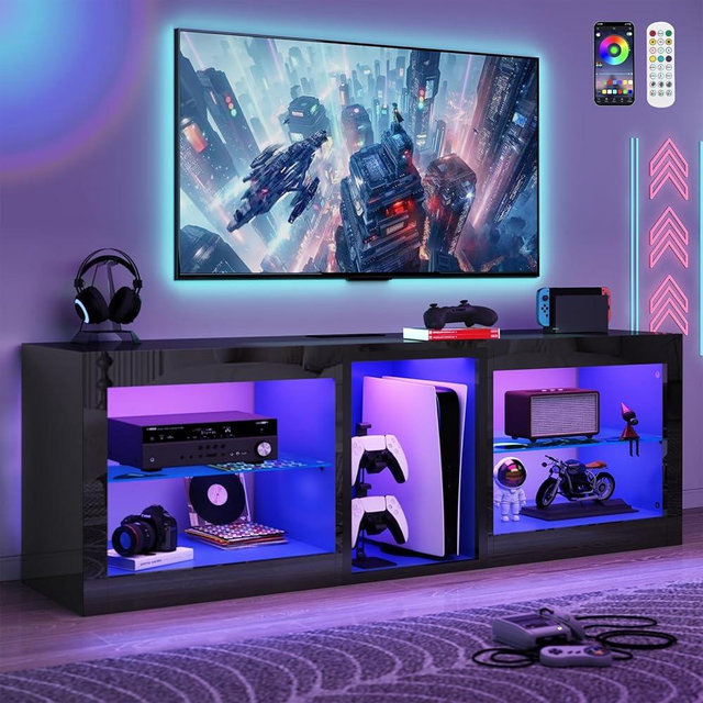 chartustriable LED TV Stands W/Power Outlet for 50 55 60 65 70Inch TV,Black Entertainment Center W/70000-Colors Lights,High Gloss LED TV Console w/Adjustable Glass Shelves for Living Room Gameroom