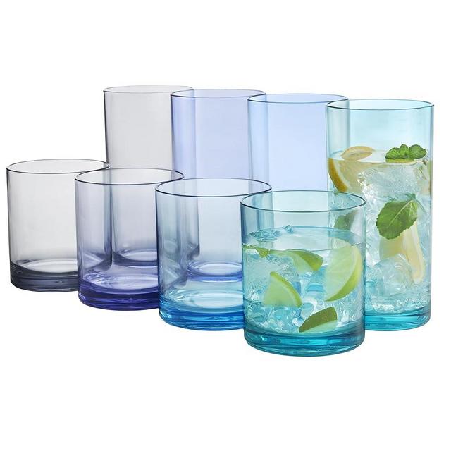 US Acrylic Classic Plastic Reusable Drinking Glasses (Set of 8) 12oz Rocks & 16oz Water Cups in Coastal Colors | BPA-Free Tumblers, Made in USA | Top-Rack Dishwasher Safe