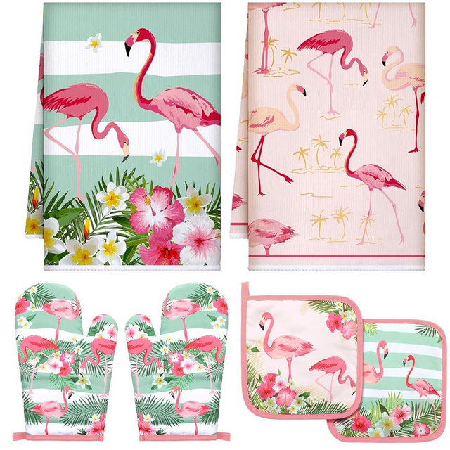 Bencailor 6 Pcs Flamingo Kitchen Towels Pot Holders and Oven Mitts Set Soft Cotton Linen Dish Towel Heat Resistant Oven Mitts for Summer Kitchen Decor Cooking Baking Grilling, Pink