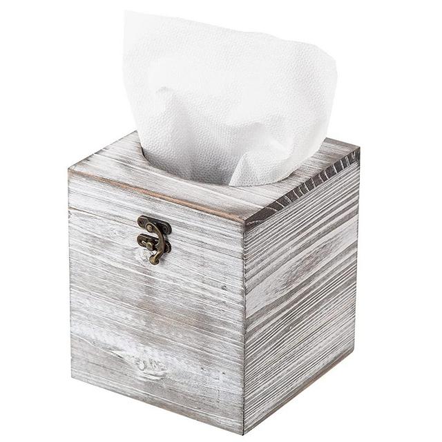 Distressed Farmhouse Square Solid Wood Tissue Box Cover with Slide-Out Bottom Panel Honey Brown Tissue Box Holder for Bathroom Living Room Dining Room Bedroom Toilet (Grey White)