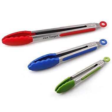 HOT TARGET Set of 3-7, 9, 12 Inch, Heavy Duty, Non- Stick, Stainless Steel Silicone BBQ/Kitchen Tongs (Can also be used as BBQ Turners), (Pack of 3, Multi color)