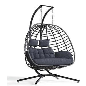 Double Egg Swing Chair with Stand, Outdoor Patio 2 Person Hanging Wicker Hammock Chairs with Cushion for Indoor Bedroom, Lawn, Garden-Dark Grey