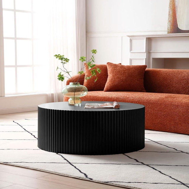 Round Coffee Table for Living Room, 35.43 inch Modern Minimalist Center Table Tea Table with Relief Design, Black