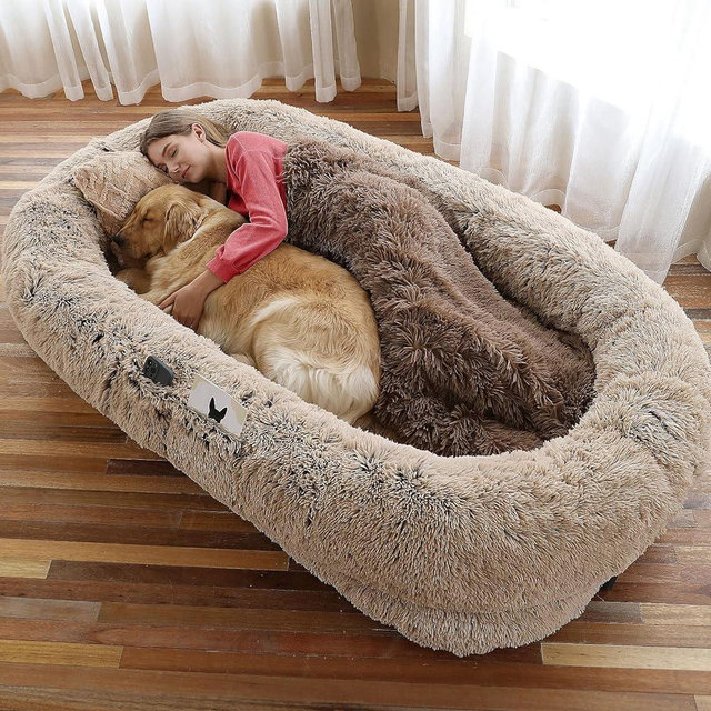 WROS 𝗛𝘂𝗺𝗮𝗻 𝗗𝗼𝗴 𝗕𝗲𝗱, 71"x45"x12" Dog Beds for Humans Size Fits You and Pets, Washable Faux Fur Orthopedic Human Dog Bed for People Doze Off, Napping, Present Pillow, Blanket, Strap - Khaki