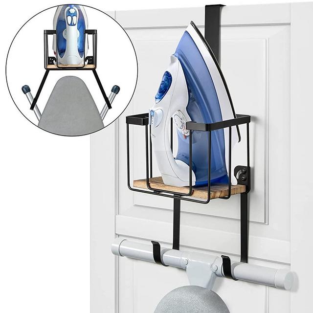 TJ.MOREE Over The Door/Wall Mount Ironing Board Hanger, Laundry Room Iron and Ironing Board Storage Holder, Black