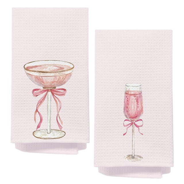 AQYIP Coquette Pink Bow Champagne Kitchen Towels, Champagne Lover Gifts, Girly Pink Drink Cocktail Dish Tea Hand Towels for Kitchen Home Bar Decor, Bridal Party Gifts, 16x24 Inch Set of 2