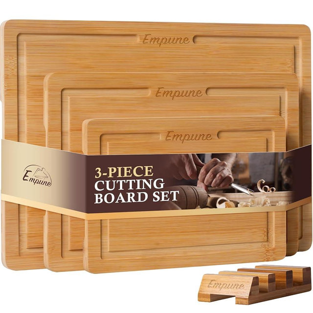 Empune Bamboo Cutting Board Set, Wood Cutting Boards for Kitchen with Holder Wooden Chopping Board for Meal Prep & Serving, Natural Bamboo
