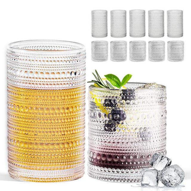 FULGNU Hobnail Drinking Glasses Set of 12, 11.8 oz Vintage Drinking Glasses & 10 oz Cocktail Glasses Set, Embossed Glasses Cup Set for Beer, Juice, Cocktail, Whiskey, Milk