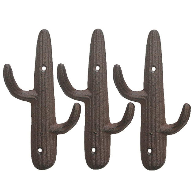 Set of 3 - Cast Iron Cactus Double Wall Hooks/Hangers - Decorative Wall Mounted Hooks for Coats, Bags, Towels and More - w/Screws and Anchors Included - Rustic Brown Color