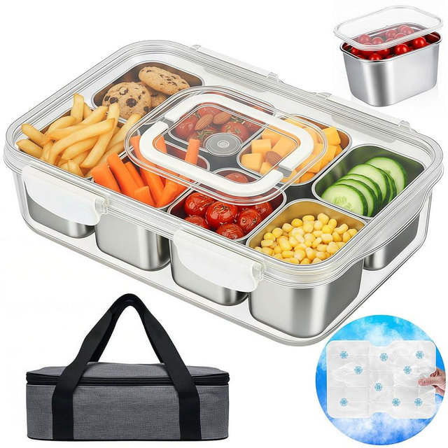 Snackle Box Container with Ice Pack Stainless Steel,Portable Snack Boxes with Lid and Insulated Bag,8 Compartment Snackle Storage Divided Serving Tray Beach Road Trip Picnic for Fruit Charcuterie
