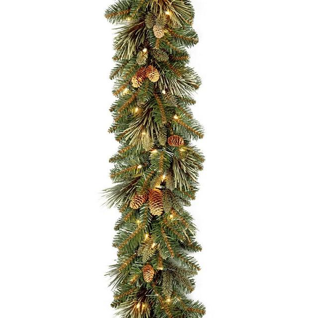 National Tree 9 Foot by 10 Inch Carolina Pine Garland with Flocked Cones and 100 Battery Operated LED Lights (CAP3-306-9A-B1), 9' x 10"