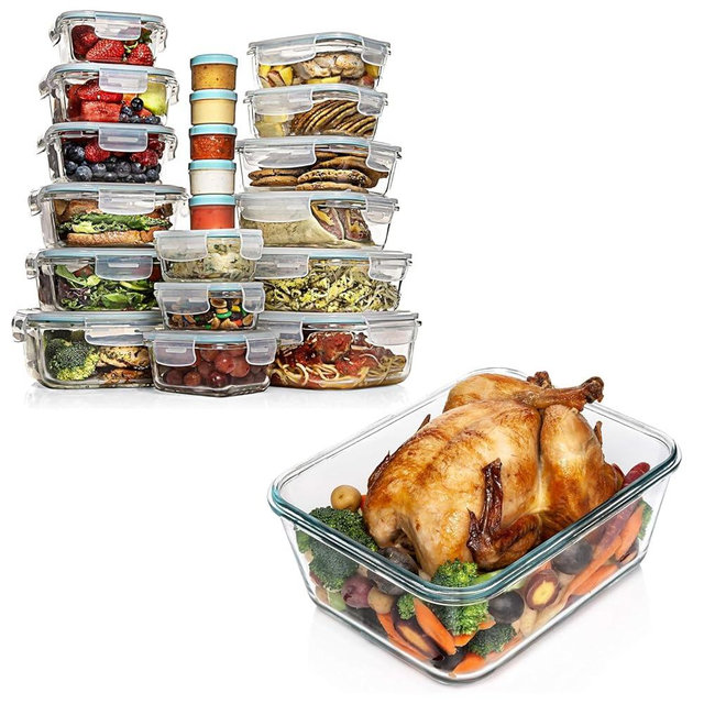 Razab 35 PC + 112 Oz Glass Food Storage Containers with Lids - Meal Prep Reusable Airtight Leakproof Lunch Boxes for Adult - BPA Free