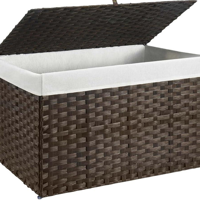 GREENSTELL Storage Basket with Lid, 160L Large Wicker Basket with Lid, Handwoven Blanket Storage Basket with Handles, Removable Cotton Liner, Metal Frame, Foldable for Bedroom, Laundry Room, Brown