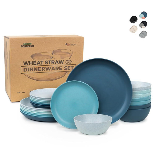 Grow Forward 24-piece Premium Wheat Straw Dinnerware Sets for 8 - Dinner Plates, Dessert Plates, Cereal Bowls - Unbreakable Microwave Safe Plastic Plates and Bowls Sets, RV, Kitchen Dishes - Seascape