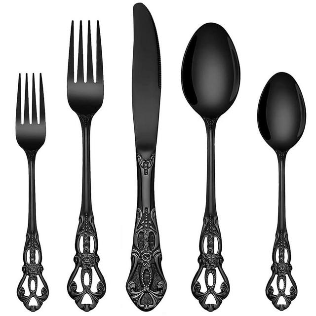 EUIRIO 40 Pieces Royal Silverware Set Black, Retro Flatware Set for 8, Stainless Steel Cutlery Set with Luxury Forks Spoons and Knives, Utensils Set Mirror Polished, Dishwasher Safe