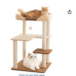 Cat Tree for Large Cats, Modern Senior Friendly Cat Tower with Wide Shelves, Cotton Scratching Posts, Super Sturdy Base, Cozy Perches, and Interactive Toys for Indoor Kittens, 37.4'' Cream.