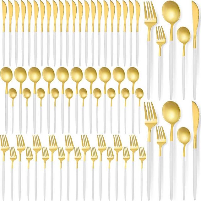 60 Pieces Stainless Steel Tableware Set Dishwasher Safe Silverware Set Service for 12 Flatware Cutlery Set Utensils Set Spoon Fork Knives Set for Home Restaurant Apartment and Kitchens (White Gold)