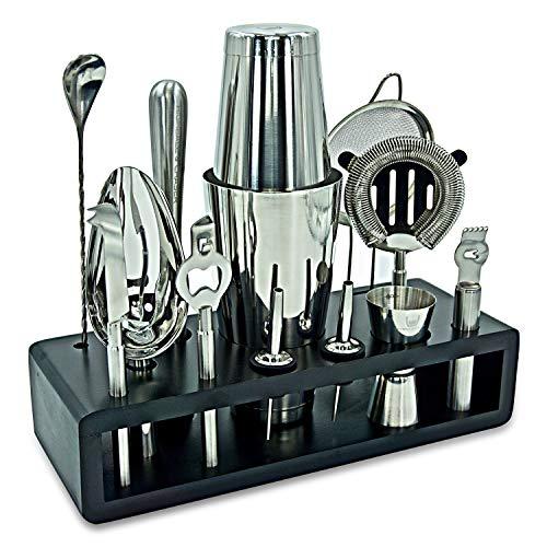 Highball & Chaser Cocktail Shaker Bar Set with Espresso Bamboo Stand Beautiful Cocktail Shaker Set with Highest Quality Bar Tools/Bar Accessories Stainless Steel Boston Shaker Bartender Kit with Stand