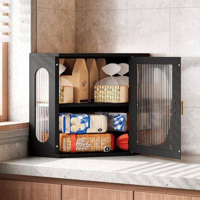 Alpeir Corner Bread Box, Solid Wood Double Layer Adjustable Large Capacity, Farmhouse Vintage Kitchen Countertop Organizer with Acrylic Window, Black