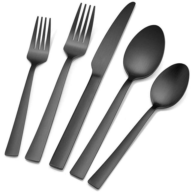 40-Piece Matte Black Silverware Set, E-far Stainless Steel Flatware Set Service for 8, Metal Cutlery Eating Utensils Tableware Includes Forks/Spoons/Knives, Square Edge & Dishwasher Safe