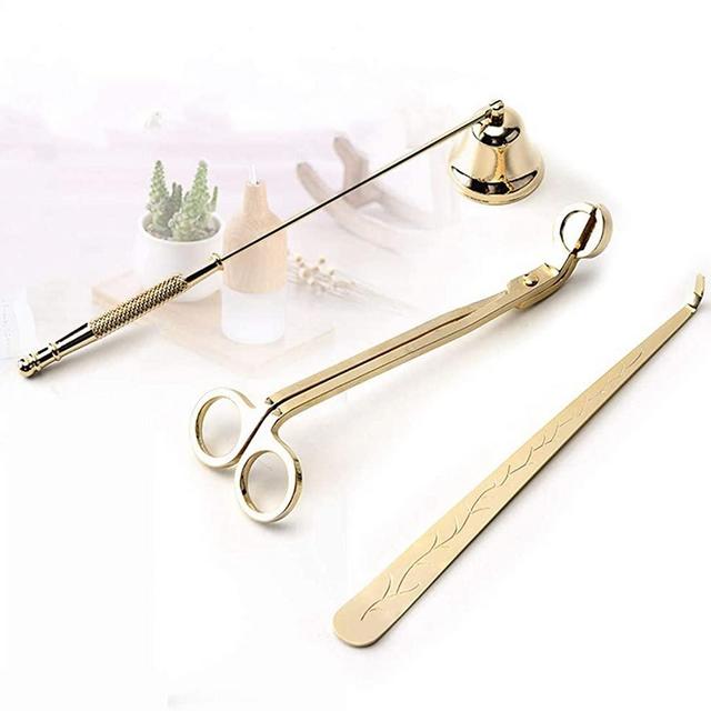 YURROAD 3 in 1 Candle Snuffer Long Handle Candle Extinguisher Candle Wick Trimmer Candle Cutter Candle Wick Dipper Kit - Gold
