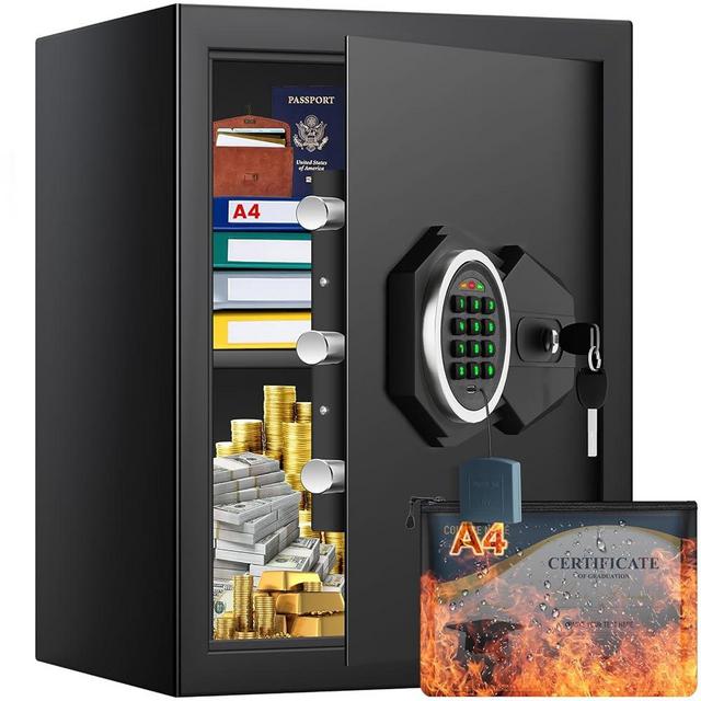 Large Home Safe Box Fireproof Waterproof with A4 Fireproof Bag and Backlit Keypad, 2.4 Cu Ft Anti-theft Fireproof Safe with Removable Shelf and Alarm Mode, Fire Safes for Money Jewelry A4 Document