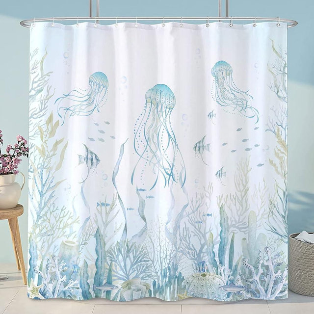 Faxdong Nautical Sea Jellyfish Shower Curtain, Teal Summer Ocean Life Beach Cool Shower Curtain Bathroom Decor 72 ×72 inch