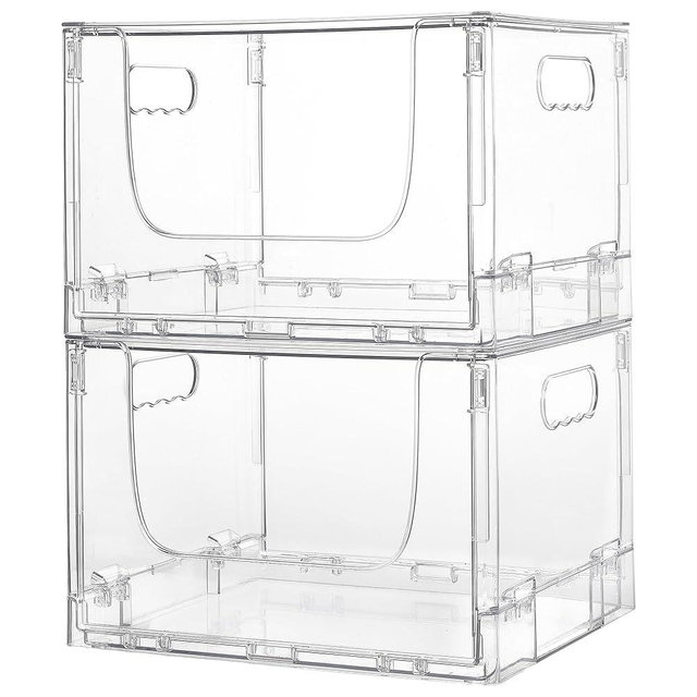 Vtopmart 2 Pack Large Foldable Open Front Storage Bins with Lids for Potato and Onion, Stackable Clear Plastic Container Organizer for Pantry, Kitchen, Cabinet, Bathroom, Closet Organization
