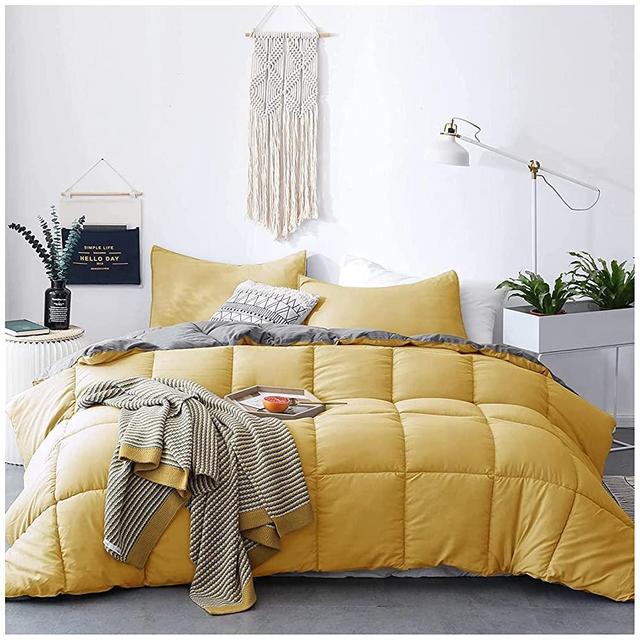 KASENTEX All Season Down Alternative Quilted Comforter Set Reversible Ultra Soft Duvet Insert Machine Washable (Yellow/Grey, Queen Set)