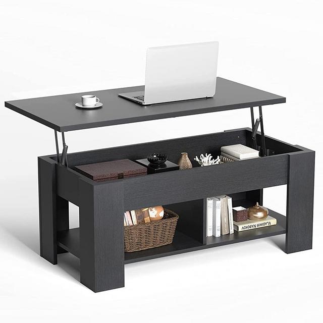 NOBLEWELL Coffee Table Lift Top with Storage Compartment and Separated Open Shelves, Pop Up Coffee Table for Living Room, 39.4in L, Black