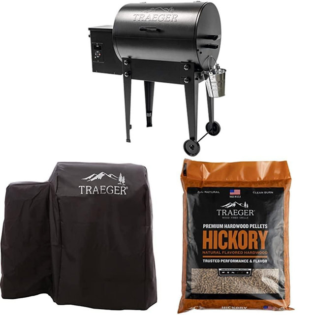 Traeger Grills Tailgater 20 Portable Wood Pellet Grill and Smoker, Traeger BAC374 20 Series Full Length Grill Cover & Traeger Grills PEL319 Hickory 100% All-Natural Hardwood Pellets