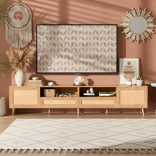 Virubi Rattan TV Stand for TVs up to 90'', Boho Entertainment Center with 2 Doors & 2 Drawers, Solid Wood Feet, Vintage Console Table for Living Room
