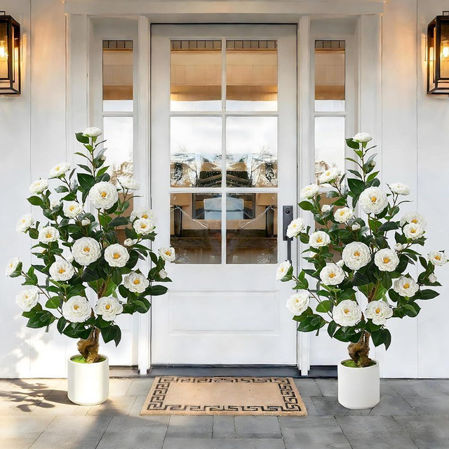 2 Pcs Artificial Camellia Tree, 38" Artificial Tree Plants Outdoor Faux Plants in Pot, Artificial Flower for Outdoors Front Porch Decor, Greenery Faux Fake Tree Plant for Indoor Outdoor Home Decor