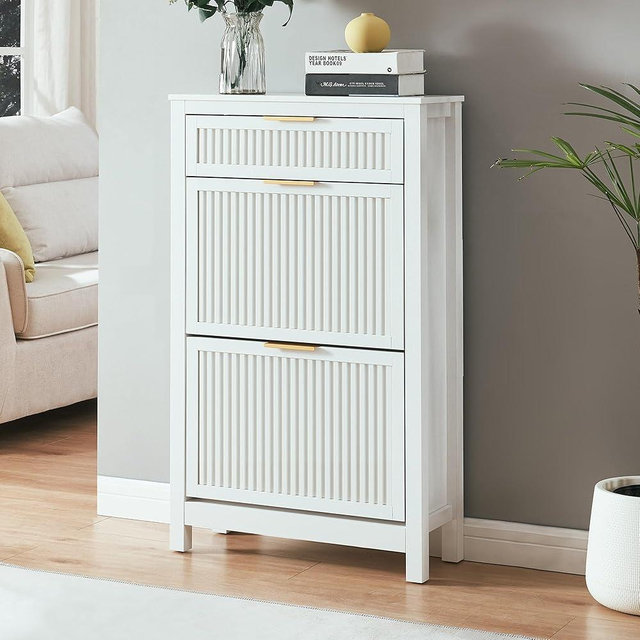 HUSHEDIFY 2 Flip Drawers Shoe Cabinet Storage for Entryway, Narrow Shoes Organizer Cabinet for Front Door Entrance, Free Standing Hidden Wooden Hallway Shoe Rack(White)
