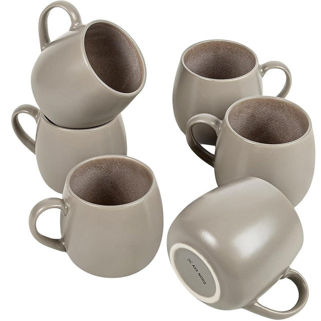 Ava Nord Ceramic Coffee Mugs Set of 6, 15oz - Modern Scandinavian Aesthetic Large Cup- Microwavable Stoneware Coffee Cups with Comfortable Handle - Tea Mug Set for Latte, Cappuccino, Soup - Taupe