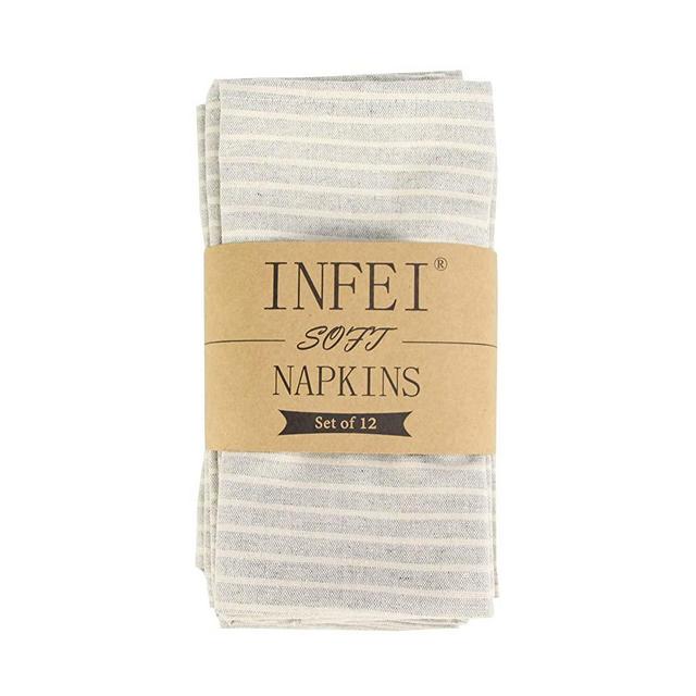 INFEI Plain White Striped Cotton Dinner Cloth Napkins - Set of 12 (40 x 30 cm) - for Events & Home Use (Grey)
