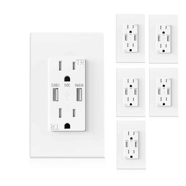 AllEasy USB Outlet 5.0A, Duplex 15A Tamper Resistant Electrical Receptacle with 5.0A High Speed Dual USB Charging Port, Wall Plate Included, 6-Pack