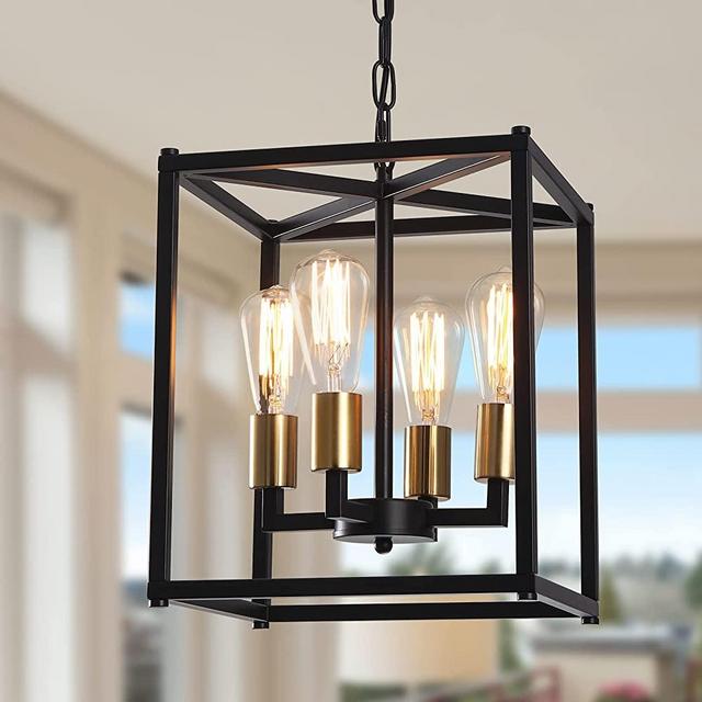 Farmhouse Lantern Pendant Light, 4-Light Gold Chandelier Pendant Lighting E26 Industrial Vintage Ceiling Hanging Light Fixture for Bedroom Kitchen Island Foyer Living Room Dining Room Hallway