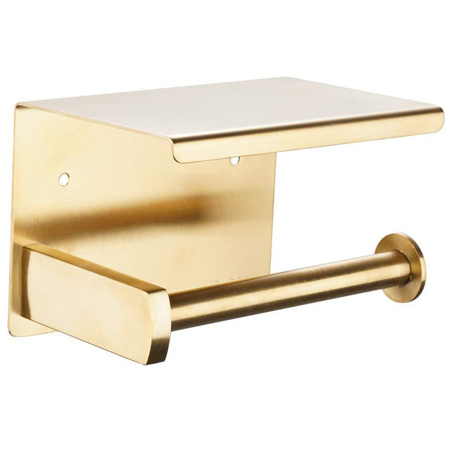 Adhesive Toilet Paper Holder with Shelf, SUS304 Stainless Steel Toilet Paper Roll Holder, Brushed Gold, No Drilling or Wall-Mounted with Screws