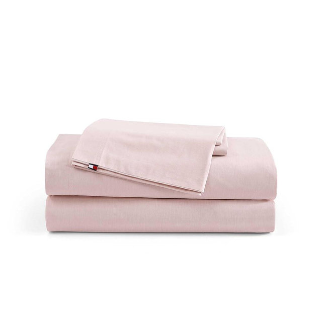 Tommy Hilfiger - Queen Size Sheet Set, Soft Cotton Chambray Bedding with a Lightweight Feel, Deep Pockets, Bed Sheets with Matching Fitted Sheet & Pillowcases (Pink)