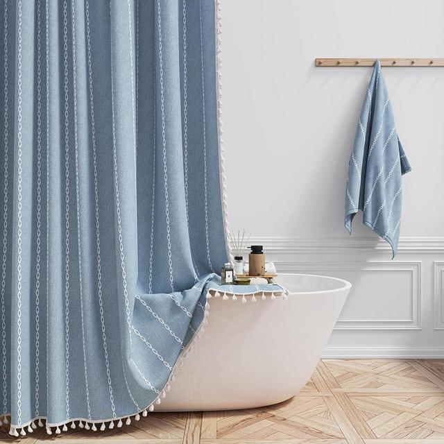 BTTN Boho Farmhouse Shower Curtain, Linen Rustic Weighted Striped Fabric Shower Curtain Set with Tassel, Water Repellent, Bohemian Vintage Country Cloth Shower Curtains for Bathroom, Blue, 72x72