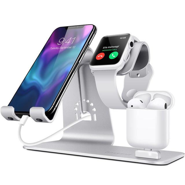 Bestand3 in 1 Apple iWatch Stand, Airpods Charger Dock, Phone Desktop Tablet Holder for Airpods, Apple Watch/ iPhone X/8 Plus/8/ 7 Plus/ iPad, Silver(Patenting, Airpods Charging Case NOT Included)